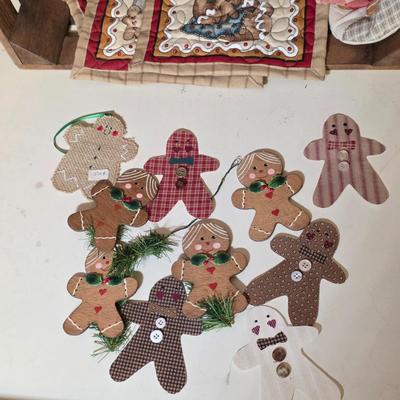 LOT 101S: Crate W/Gingerbread Door Stop, Ornaments, Table Mats, Stocking & More