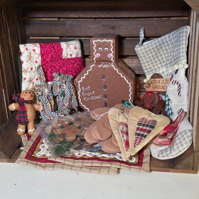 LOT 101S: Crate W/Gingerbread Door Stop, Ornaments, Table Mats, Stocking & More