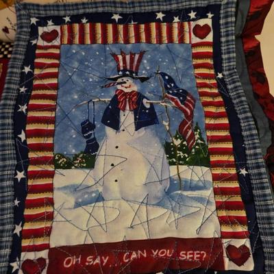 LOT 102S: Let It Snow! Adorable Wood Snowman Card Holder/Pole, Holiday Quilt Trivets, Magnets/Ornaments & More