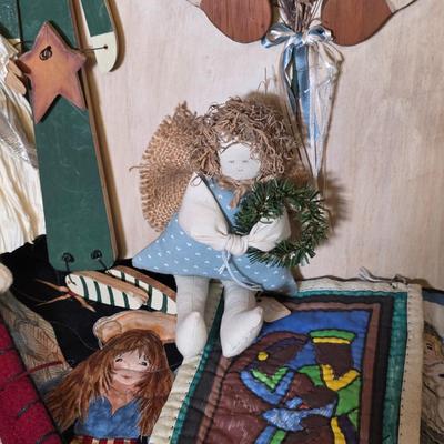 LOT 103S: Darling Finished Angel & One Ready To Finish Your Way, Along W/Smaller Angels, Stocking, Trivets & Decorative Box In A...