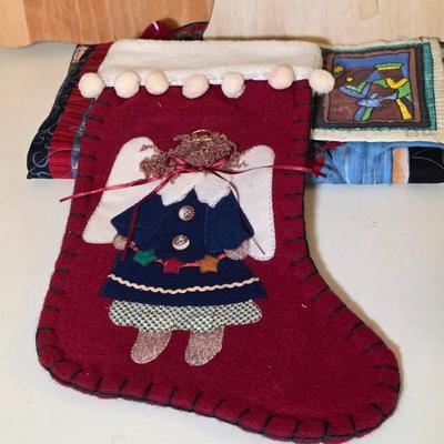 LOT 103S: Darling Finished Angel & One Ready To Finish Your Way, Along W/Smaller Angels, Stocking, Trivets & Decorative Box In A...