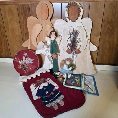 LOT 103S: Darling Finished Angel & One Ready To Finish Your Way, Along W/Smaller Angels, Stocking, Trivets & Decorative Box In A...