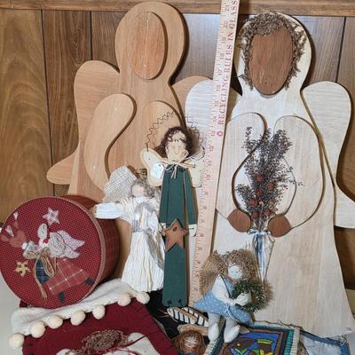 LOT 103S: Darling Finished Angel & One Ready To Finish Your Way, Along W/Smaller Angels, Stocking, Trivets & Decorative Box In A...