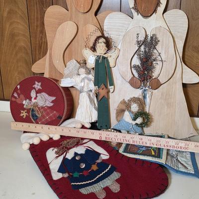 LOT 103S: Darling Finished Angel & One Ready To Finish Your Way, Along W/Smaller Angels, Stocking, Trivets & Decorative Box In A...