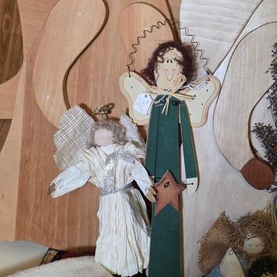 LOT 103S: Darling Finished Angel & One Ready To Finish Your Way, Along W/Smaller Angels, Stocking, Trivets & Decorative Box In A...
