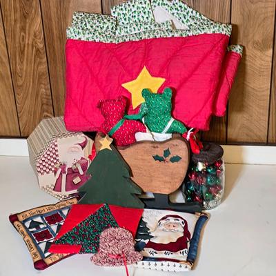 LOT 104S: Beautiful Christmas items, Includes Handmade Quilt Wall Hanging, Wooden Sled, Jar Of Jingle Bells & More