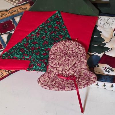 LOT 104S: Beautiful Christmas items, Includes Handmade Quilt Wall Hanging, Wooden Sled, Jar Of Jingle Bells & More
