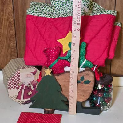 LOT 104S: Beautiful Christmas items, Includes Handmade Quilt Wall Hanging, Wooden Sled, Jar Of Jingle Bells & More