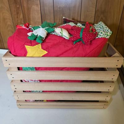 LOT 104S: Beautiful Christmas items, Includes Handmade Quilt Wall Hanging, Wooden Sled, Jar Of Jingle Bells & More