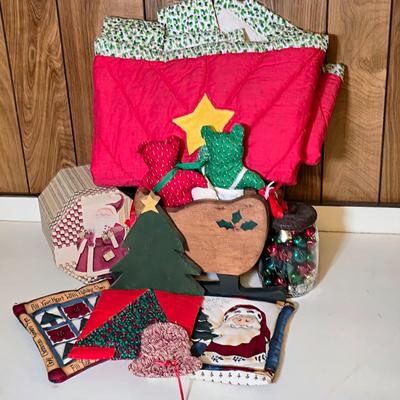 LOT 104S: Beautiful Christmas items, Includes Handmade Quilt Wall Hanging, Wooden Sled, Jar Of Jingle Bells & More