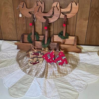 LOT 105S: Three Wooden Red Nosed Reindeer Wall Pocket/Planters W/Beautifully Hand Made Tree Skirt & Ornaments