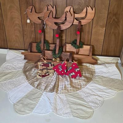LOT 105S: Three Wooden Red Nosed Reindeer Wall Pocket/Planters W/Beautifully Hand Made Tree Skirt & Ornaments