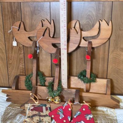 LOT 105S: Three Wooden Red Nosed Reindeer Wall Pocket/Planters W/Beautifully Hand Made Tree Skirt & Ornaments