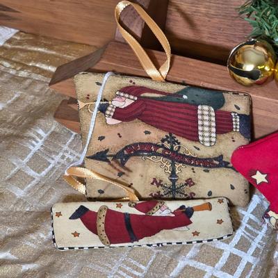 LOT 105S: Three Wooden Red Nosed Reindeer Wall Pocket/Planters W/Beautifully Hand Made Tree Skirt & Ornaments