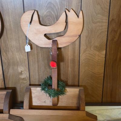 LOT 105S: Three Wooden Red Nosed Reindeer Wall Pocket/Planters W/Beautifully Hand Made Tree Skirt & Ornaments