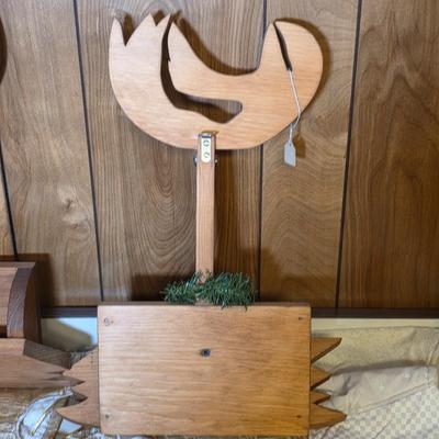 LOT 105S: Three Wooden Red Nosed Reindeer Wall Pocket/Planters W/Beautifully Hand Made Tree Skirt & Ornaments