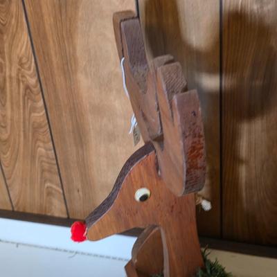LOT 105S: Three Wooden Red Nosed Reindeer Wall Pocket/Planters W/Beautifully Hand Made Tree Skirt & Ornaments