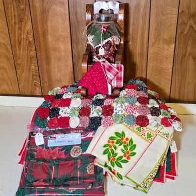 LOT 106S: Beautiful Wood Jar Candle Holder W/Holiday Potpourri Filled Jar/Tea Light Holder, Along W/Two Holiday Table Covers, Place Mats,...