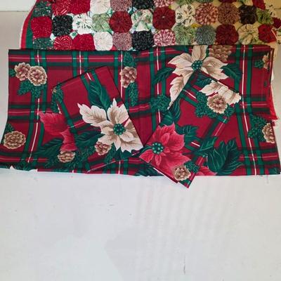 LOT 106S: Beautiful Wood Jar Candle Holder W/Holiday Potpourri Filled Jar/Tea Light Holder, Along W/Two Holiday Table Covers, Place Mats,...