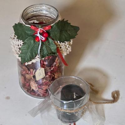 LOT 106S: Beautiful Wood Jar Candle Holder W/Holiday Potpourri Filled Jar/Tea Light Holder, Along W/Two Holiday Table Covers, Place Mats,...