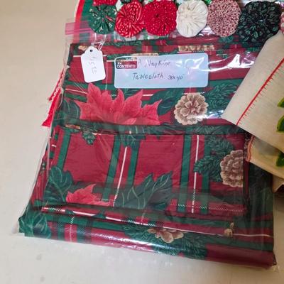 LOT 106S: Beautiful Wood Jar Candle Holder W/Holiday Potpourri Filled Jar/Tea Light Holder, Along W/Two Holiday Table Covers, Place Mats,...