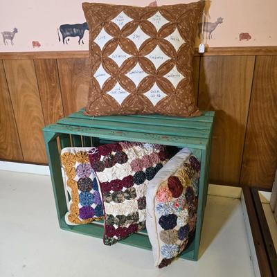 LOT 111S: Four Beautifully Handmade Pillows W/Hand Painted Crate