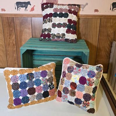 LOT 111S: Four Beautifully Handmade Pillows W/Hand Painted Crate