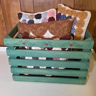 LOT 111S: Four Beautifully Handmade Pillows W/Hand Painted Crate