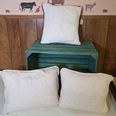 LOT 111S: Four Beautifully Handmade Pillows W/Hand Painted Crate