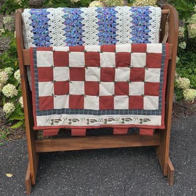 LOT 114S: Beautiful Hand Made Quilts/Wall Hanging, Afghan W/Quilt Rack & A Pouch Of Wooden Ducks