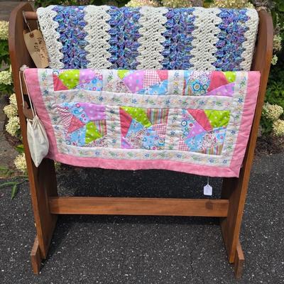 LOT 114S: Beautiful Hand Made Quilts/Wall Hanging, Afghan W/Quilt Rack & A Pouch Of Wooden Ducks