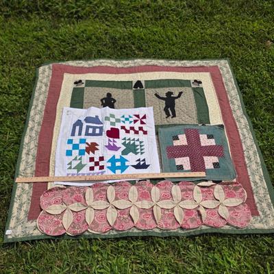 LOT 120S: Leaning Ladder W/Vintage Handmade Table Runner & Quilts
