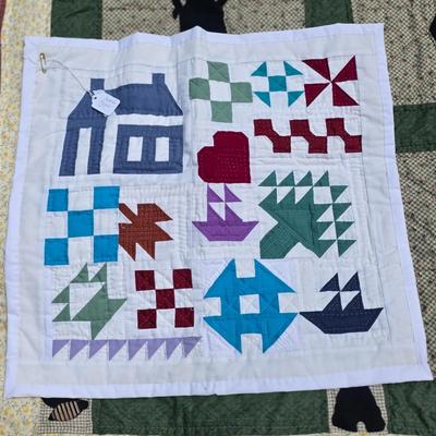 LOT 120S: Leaning Ladder W/Vintage Handmade Table Runner & Quilts