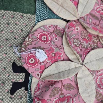 LOT 120S: Leaning Ladder W/Vintage Handmade Table Runner & Quilts