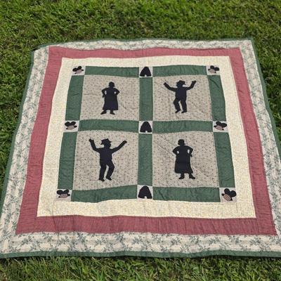 LOT 120S: Leaning Ladder W/Vintage Handmade Table Runner & Quilts
