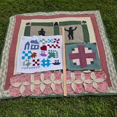LOT 120S: Leaning Ladder W/Vintage Handmade Table Runner & Quilts