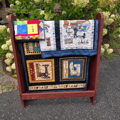 LOT 122S: Sew Many Cute Quilts! Vintage/Handmade Quilts W/Unique Details & Quilt Rack