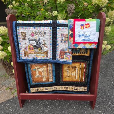 LOT 122S: Sew Many Cute Quilts! Vintage/Handmade Quilts W/Unique Details & Quilt Rack