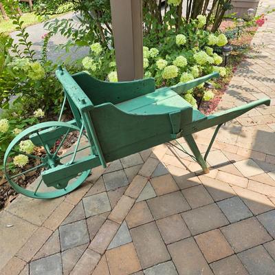 LOT 123S: Vintage Green Decorative Wheel Barrel