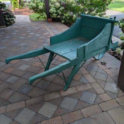 LOT 123S: Vintage Green Decorative Wheel Barrel