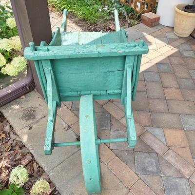 LOT 123S: Vintage Green Decorative Wheel Barrel