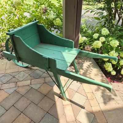 LOT 123S: Vintage Green Decorative Wheel Barrel