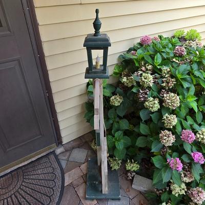LOT 125S: Vintage Primitive Outdoor Electric Lamp Post, Along W/Decorative Lop Ear Bunny Figure