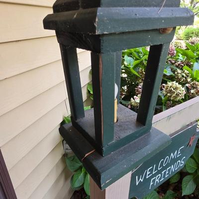 LOT 125S: Vintage Primitive Outdoor Electric Lamp Post, Along W/Decorative Lop Ear Bunny Figure