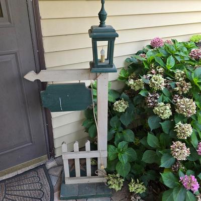 LOT 125S: Vintage Primitive Outdoor Electric Lamp Post, Along W/Decorative Lop Ear Bunny Figure
