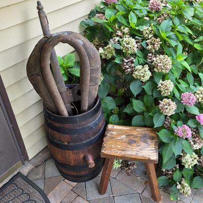 LOT 128S: Antique/Vintage Open Wood Barrel, Milking Stool, Leather/Wooden Draft Horse/Mule Yoke & Harness Pieces