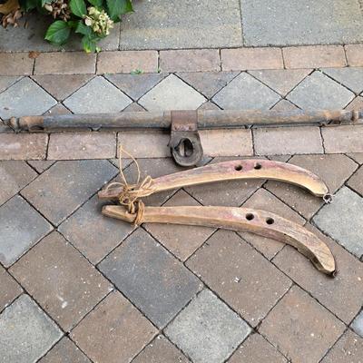 LOT 128S: Antique/Vintage Open Wood Barrel, Milking Stool, Leather/Wooden Draft Horse/Mule Yoke & Harness Pieces