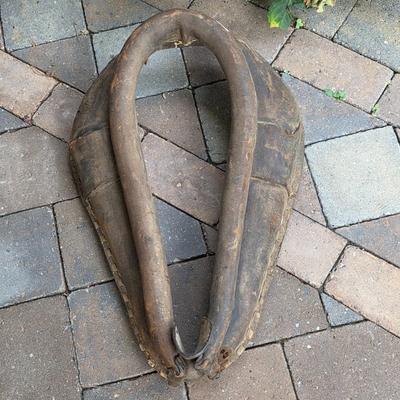 LOT 128S: Antique/Vintage Open Wood Barrel, Milking Stool, Leather/Wooden Draft Horse/Mule Yoke & Harness Pieces