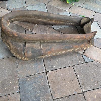 LOT 128S: Antique/Vintage Open Wood Barrel, Milking Stool, Leather/Wooden Draft Horse/Mule Yoke & Harness Pieces