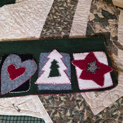 LOT 130S: Three Vintage Handmade Wooden Holiday Crafts & Table Quilts